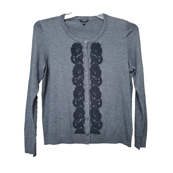 Talbots Petites Cotton/Wool Blend Gray Lace Trim Button-Up Cardigan Sweater LP - Picture 1 of 6